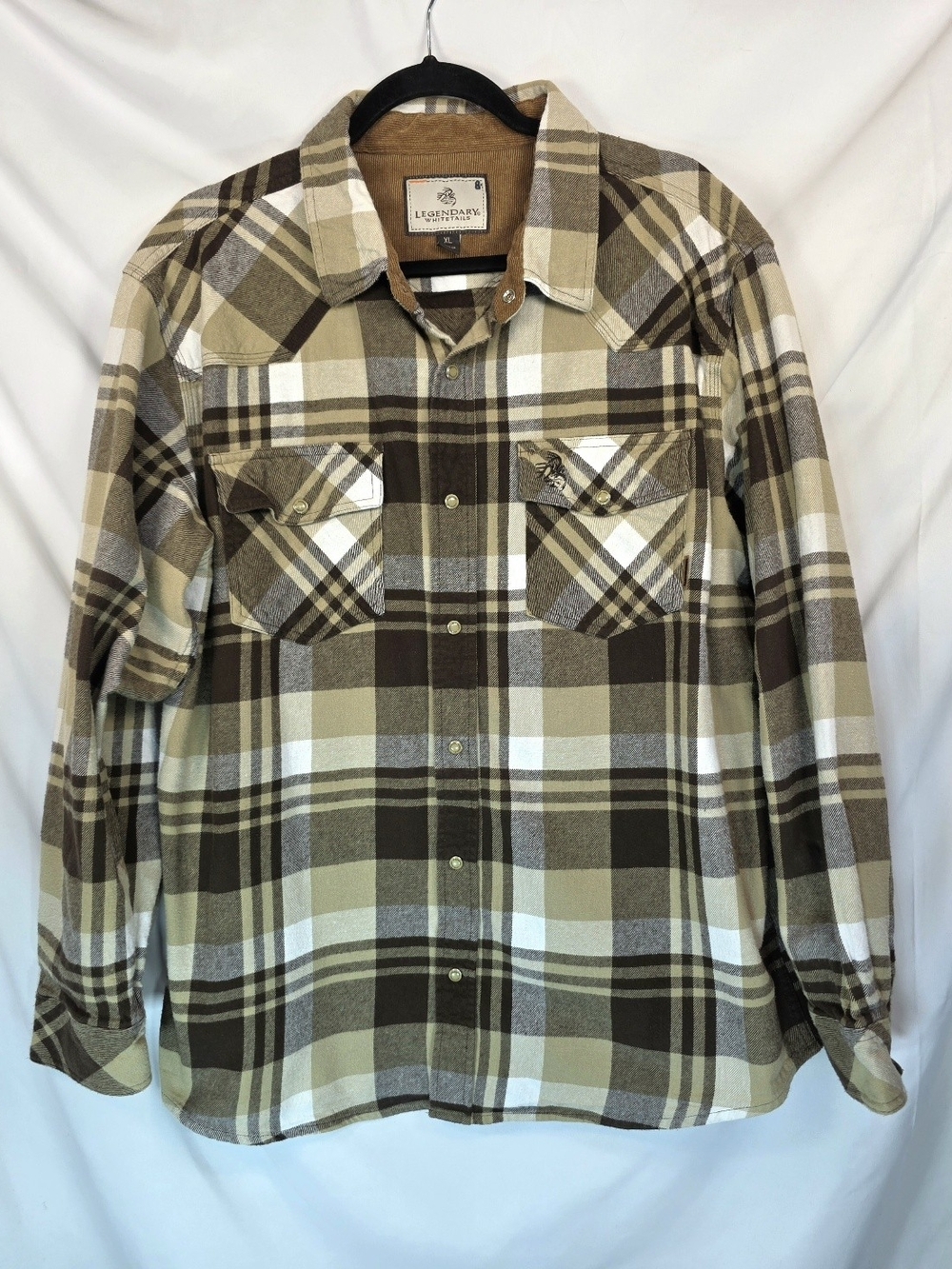 Legendary Whitetails Mens XL Flannel Shirt Western Pearl Snap Plaid Brown Tan